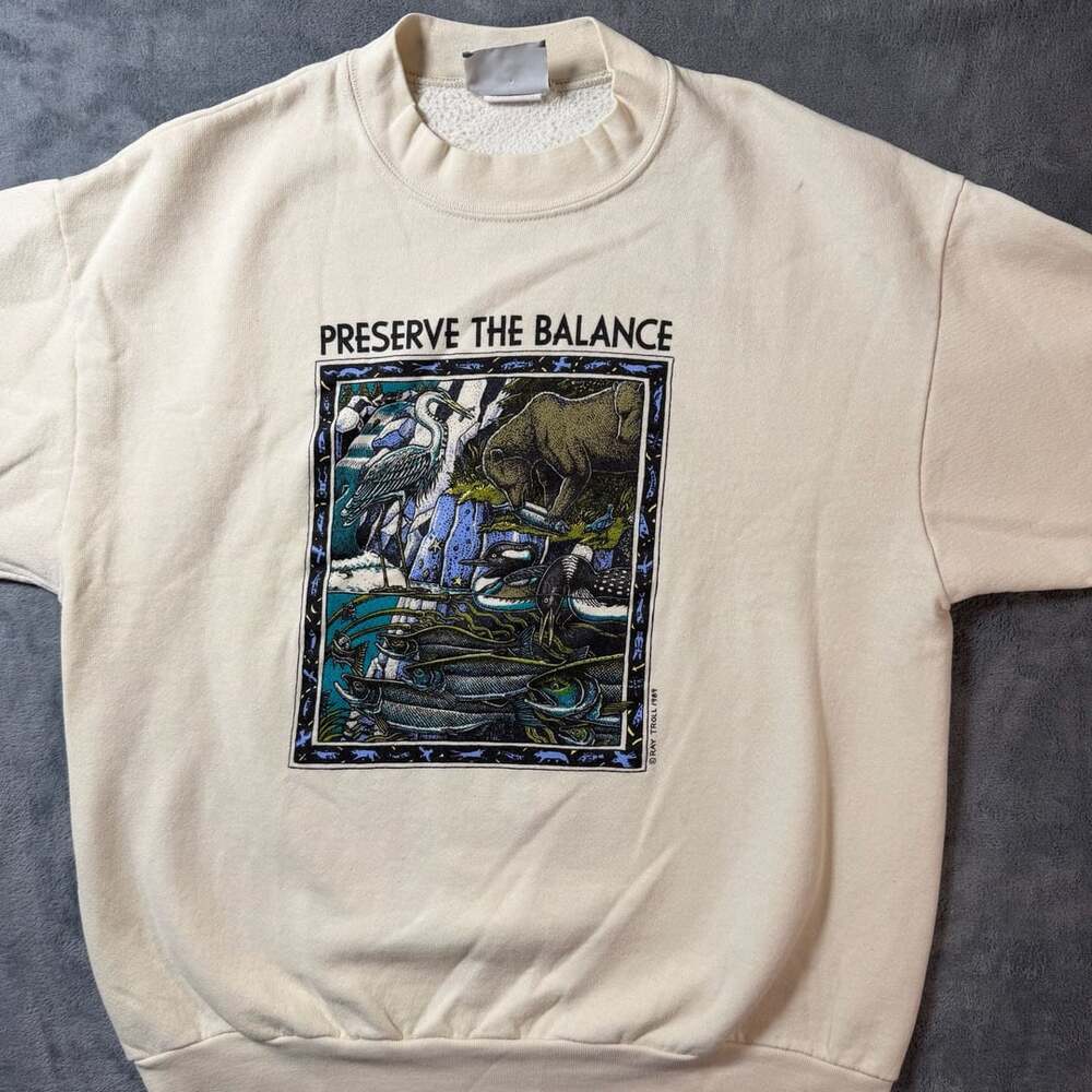 VTG 1989 Ray Troll Preserve The Balance Sweatshirt Cream Crewneck L USA Lee Art - Picture 2 of 9